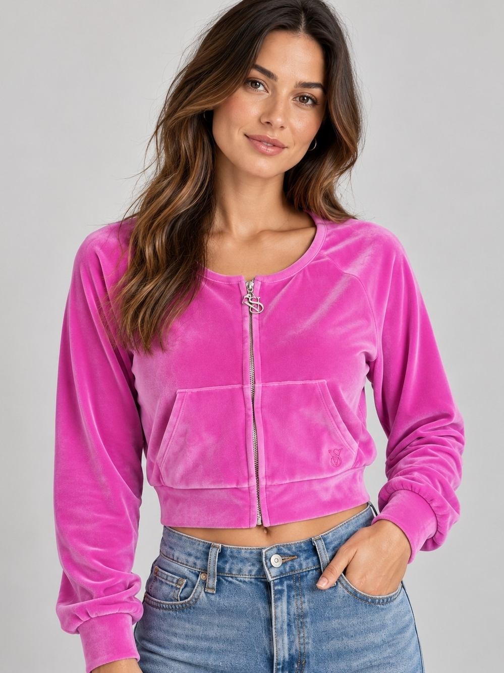 Victoria's Secret On Point Velour Cropped Zip Jacket XS Pink Logo Y2K